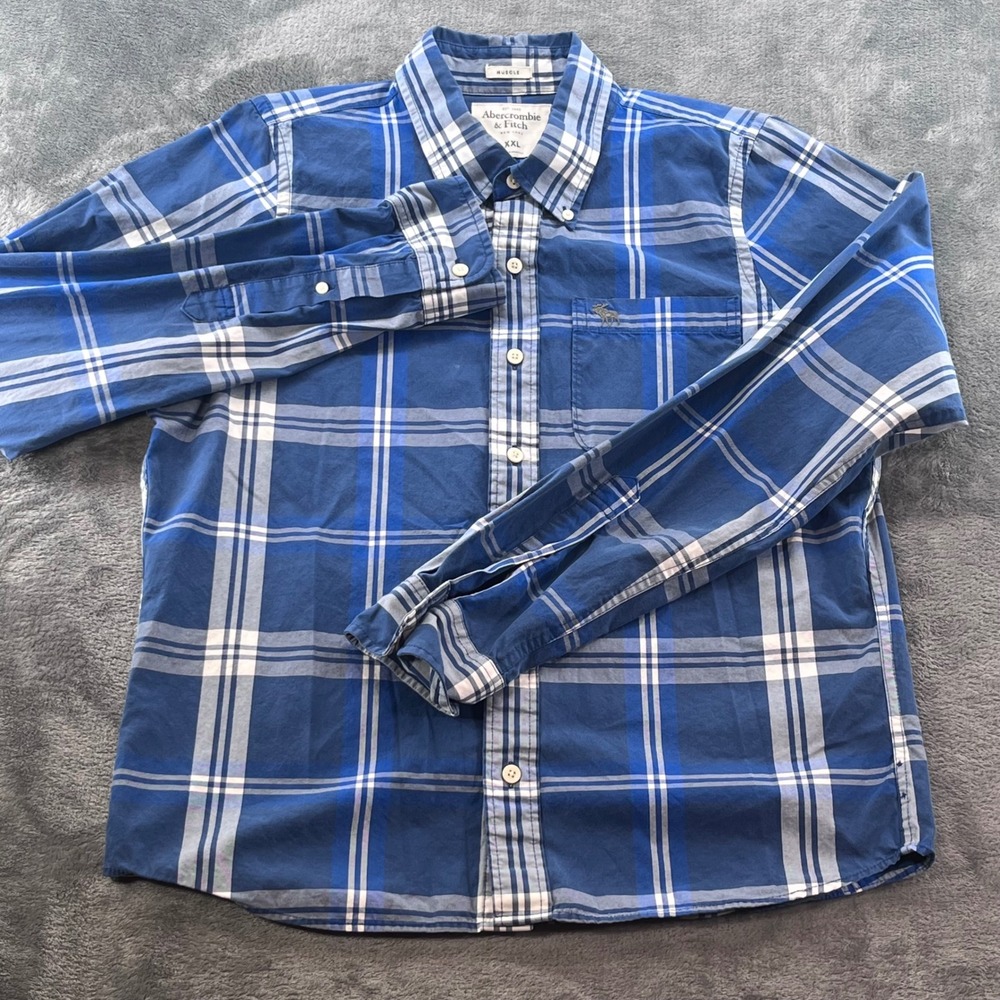 Abercrombie & Fitch Mens XXL Muscle Fit Plaid Button Down Shirt Blue White